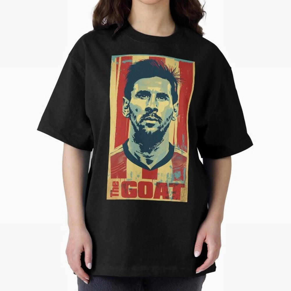Messi The GOAT Graphic poster design Oversized T-Shirt Celebrate Unforgettable Nights in FIFA World Cup 2026 Spirit, Centered on France, CR7, Championship Spirit, Famous Goals, Roaring Crowds and International Football Unity; Great for Supporters