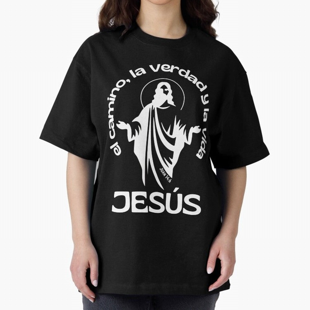 JES¨²S - el camino, la verdad y la vida Oversized T-Shirt Fuel Global Football Passion for FIFA World Cup 2026 USA Canada Mexico, Centered on Messi and Cristiano Ronaldo, Portugal, Championship Spirit, Famous Goals, Roaring Crowds and International