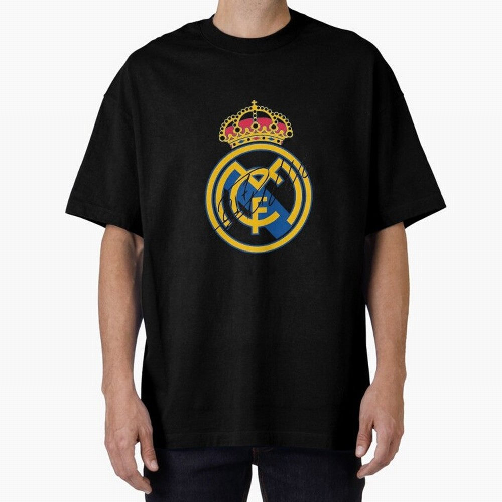 Real Madrid C.F. crest with Cristiano Ronaldo's autograph Oversized T-Shirt Bring a Champion Mindset to Global Football Passion for FIFA World Cup 2026, Featuring Messi, Neymar and Mbappe, Spain, Worldwide Fan Energy, Dramatic Goals, Stadium Lights