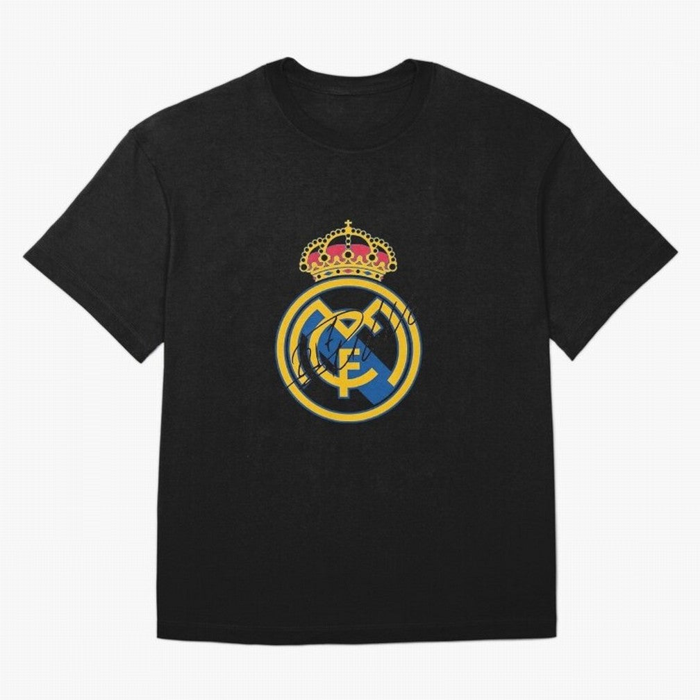 Real Madrid C.F. crest with Cristiano Ronaldo's autograph Oversized T-Shirt Bring a Champion Mindset to Global Football Passion for FIFA World Cup 2026, Featuring Messi, Neymar and Mbappe, Spain, Worldwide Fan Energy, Dramatic Goals, Stadium Lights