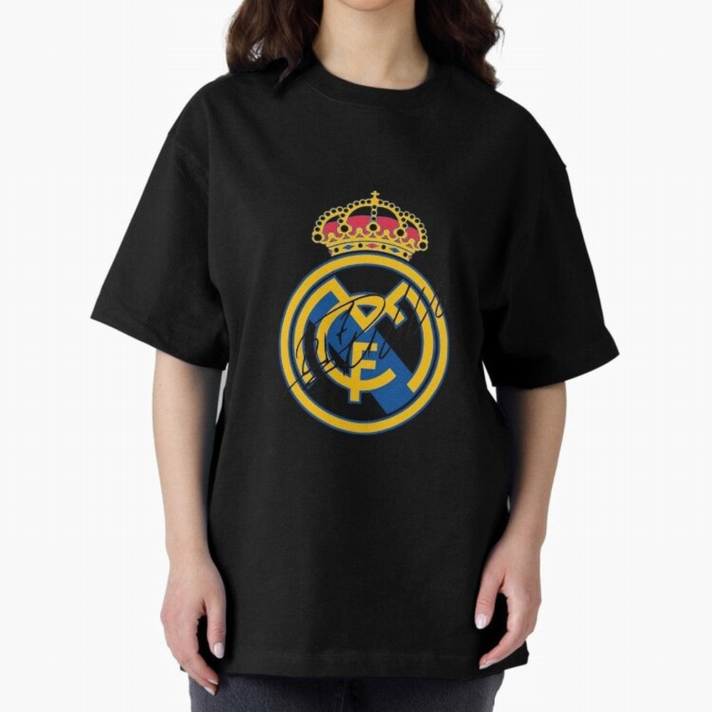 Real Madrid C.F. crest with Cristiano Ronaldo's autograph Oversized T-Shirt Bring a Champion Mindset to Global Football Passion for FIFA World Cup 2026, Featuring Messi, Neymar and Mbappe, Spain, Worldwide Fan Energy, Dramatic Goals, Stadium Lights