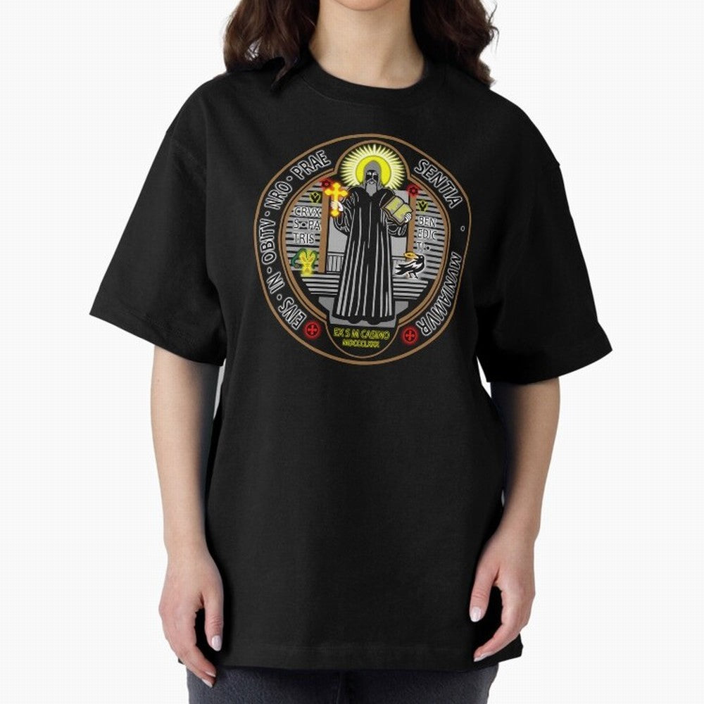 Medalla de San Benito Color Frontal Oversized T-Shirt Bring Trophy Dreams to the FIFA World Cup 2026 Journey through Messi Highlights, Portugal Pride, Stadium Chants, National Pride, Trophy Dreams and Unforgettable Football Memories; Created for