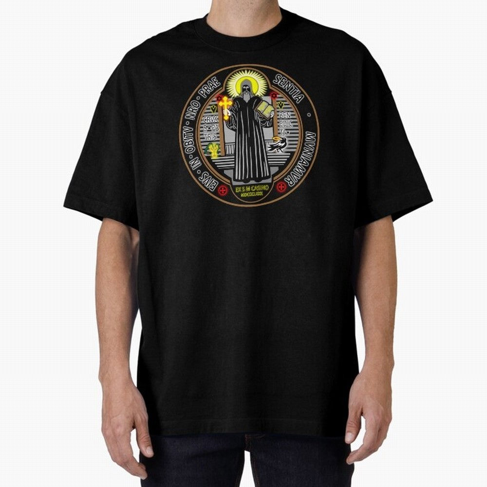 Medalla de San Benito Color Frontal Oversized T-Shirt Bring Trophy Dreams to the FIFA World Cup 2026 Journey through Messi Highlights, Portugal Pride, Stadium Chants, National Pride, Trophy Dreams and Unforgettable Football Memories; Created for