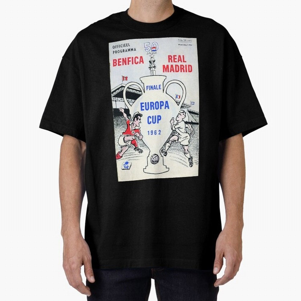 Vintage Champions League Final Poster - Real Madrid vs Benfica Oversized T-Shirt Support Match Day Hype around FIFA World Cup 2026 USA Canada Mexico, CR7 and Messi, France and Portugal, Tournament Hype, Historic Matchups, Family Viewing Parties and