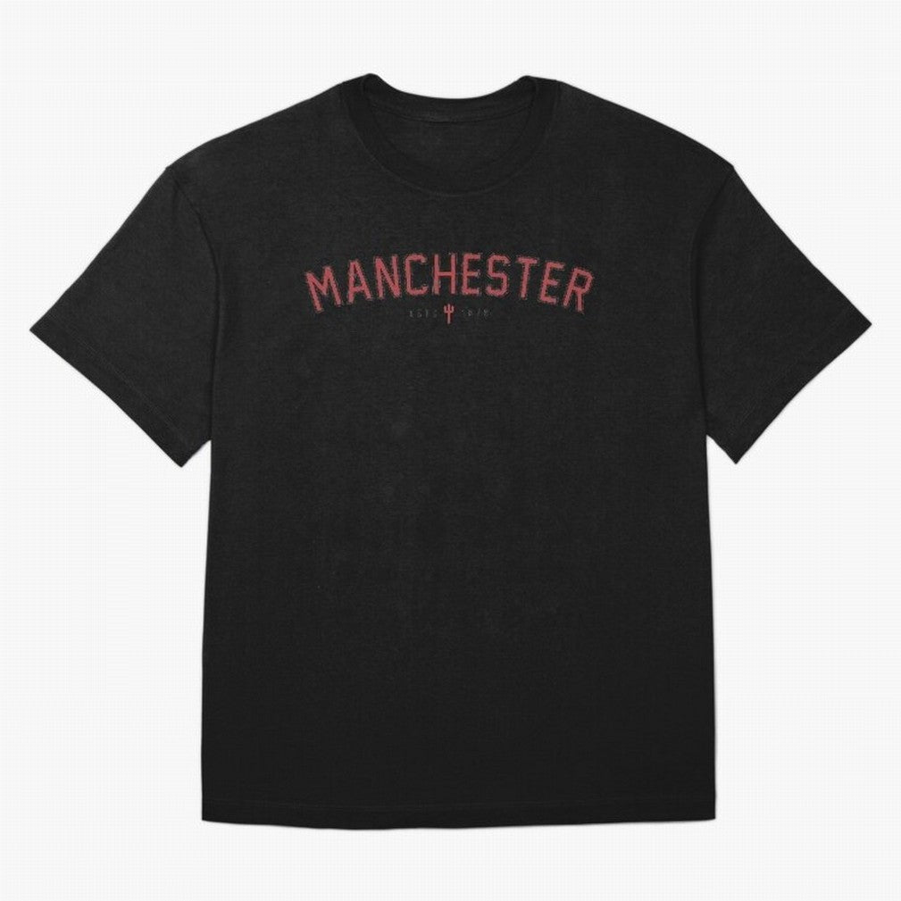 Manchester Retro Typography - MUFC Unofficial Merch Oversized T-Shirt Celebrate the FIFA World Cup 2026 USA Canada Mexico Journey through Messi, Neymar and Mbappe Highlights, Argentina, France and Brazil Pride, Fan Favorite Moments, National Team