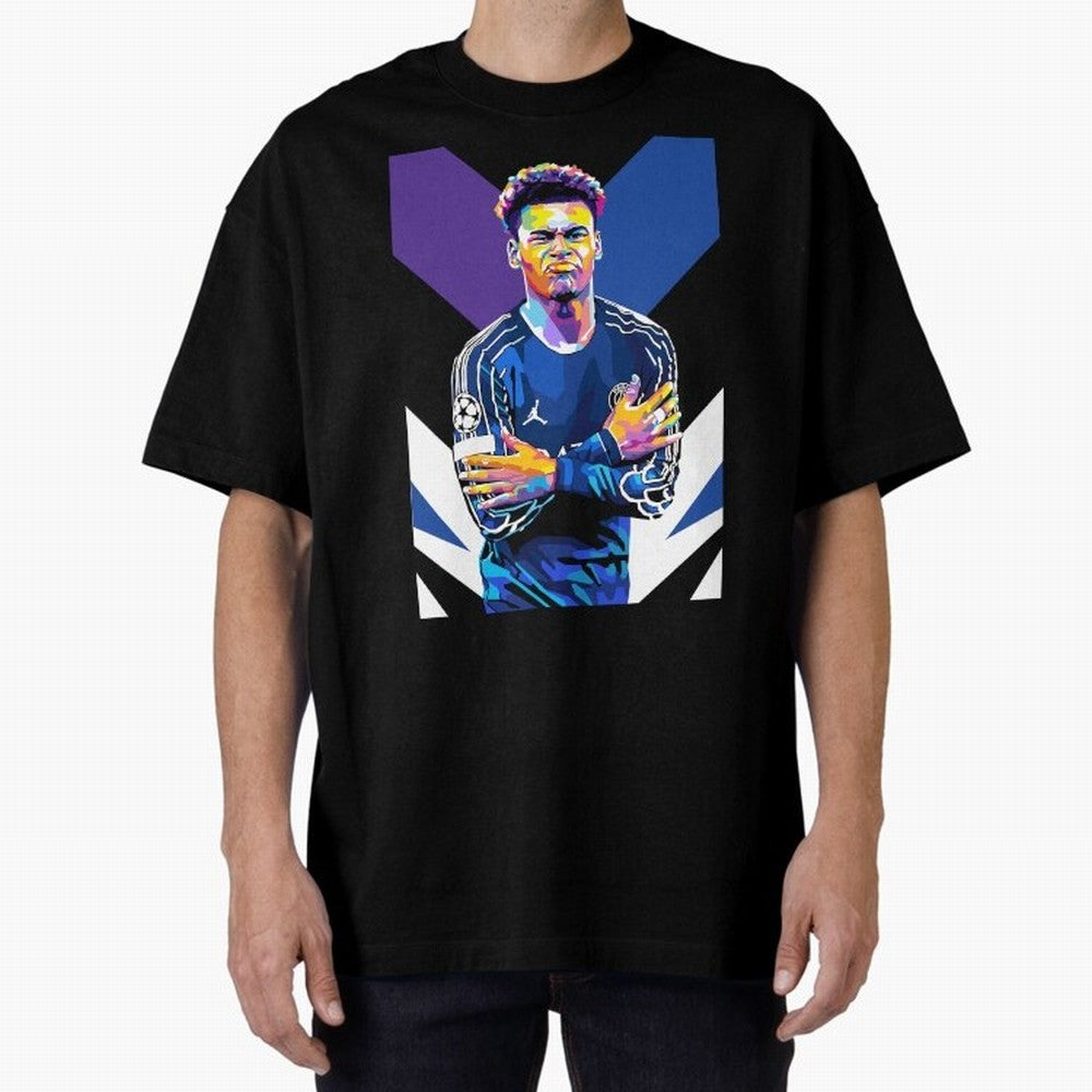 Desire Doue in WPAP Style Oversized T-Shirt Celebrate Fan Culture around Match Day Hype around FIFA World Cup 2026 Group Stage, Messi and Cristiano Ronaldo, Netherlands, Championship Spirit, Famous Goals, Roaring Crowds and International Football