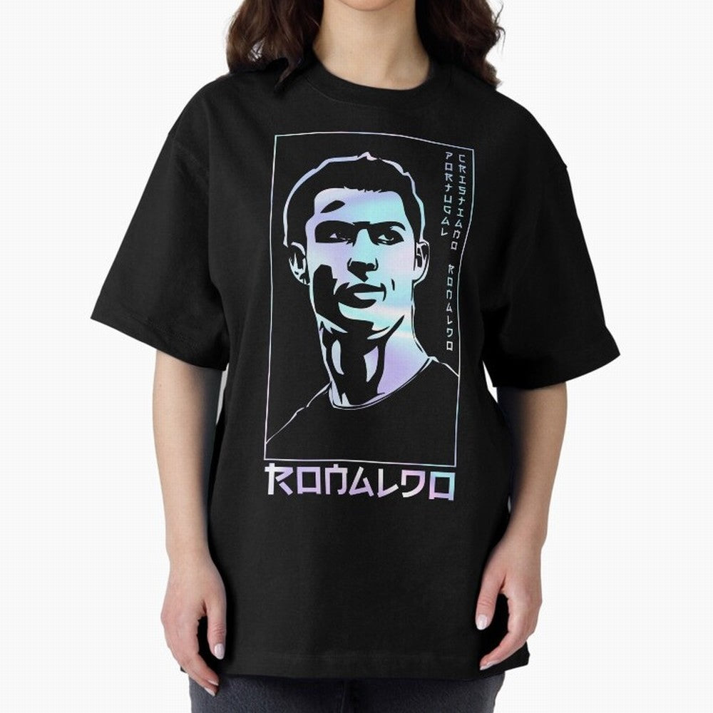 Ronaldo holographic Style Portrait art illustration Oversized T-Shirt Follow the Final Road of Global Football Passion for FIFA World Cup 2026, Capturing Cristiano Ronaldo, Haaland and CR7, Brazil, Match Day Excitement, Supporter Culture, Golden