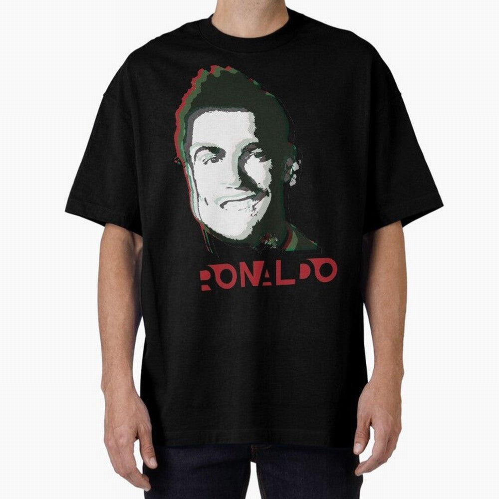 Portugal Football Captain Cristiano Ronaldo 3D Anaglyph Portrait Oversized T-Shirt Follow the Road to Global Football Passion for FIFA World Cup 2026 Group Stage, Capturing Mbappe, Argentina and Brazil, Vintage Soccer Flavor, Modern Football Stars,