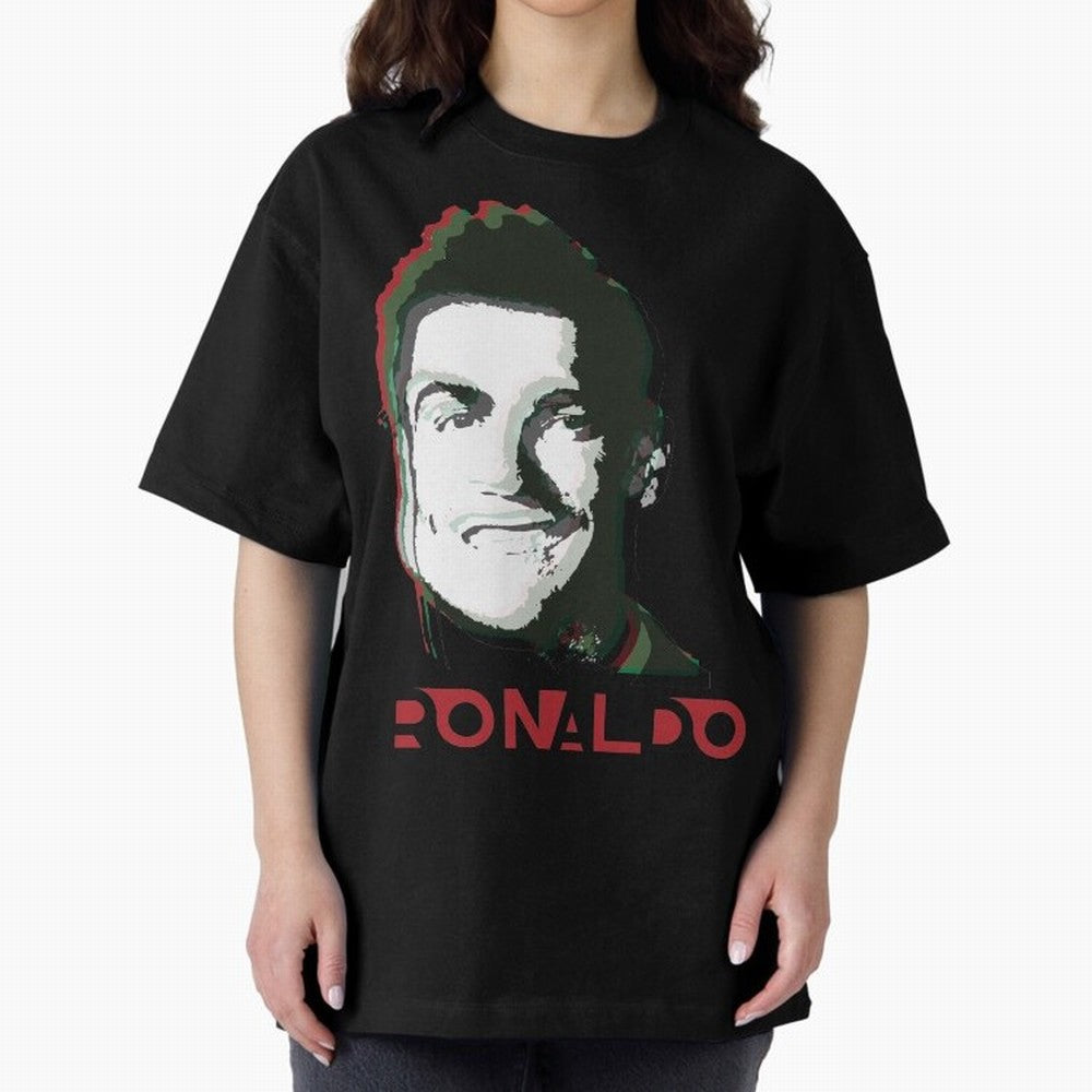 Portugal Football Captain Cristiano Ronaldo 3D Anaglyph Portrait Oversized T-Shirt Follow the Road to Global Football Passion for FIFA World Cup 2026 Group Stage, Capturing Mbappe, Argentina and Brazil, Vintage Soccer Flavor, Modern Football Stars,
