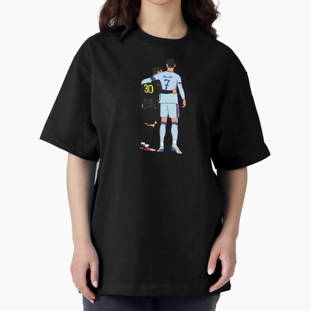 Messi and Ronaldo Reunion Illustration Oversized T-Shirt Mark Match Day Hype around FIFA World Cup 2026 Group Stage, Haaland, Spain, Stadium Memories, Football Loyalty, International Chants and Championship Tradition; Built for Supporters Chasing