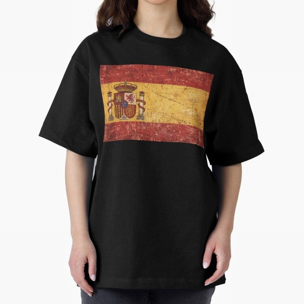 Vintage Distressed Spanish Flag Oversized T-Shirt Stand Out with Spirit from Match Day Hype around FIFA World Cup 2026, Mbappe and Neymar, Argentina and Brazil, Football Festival Excitement, Trophy Ambitions, Country Rivalries and Star Player Buzz;
