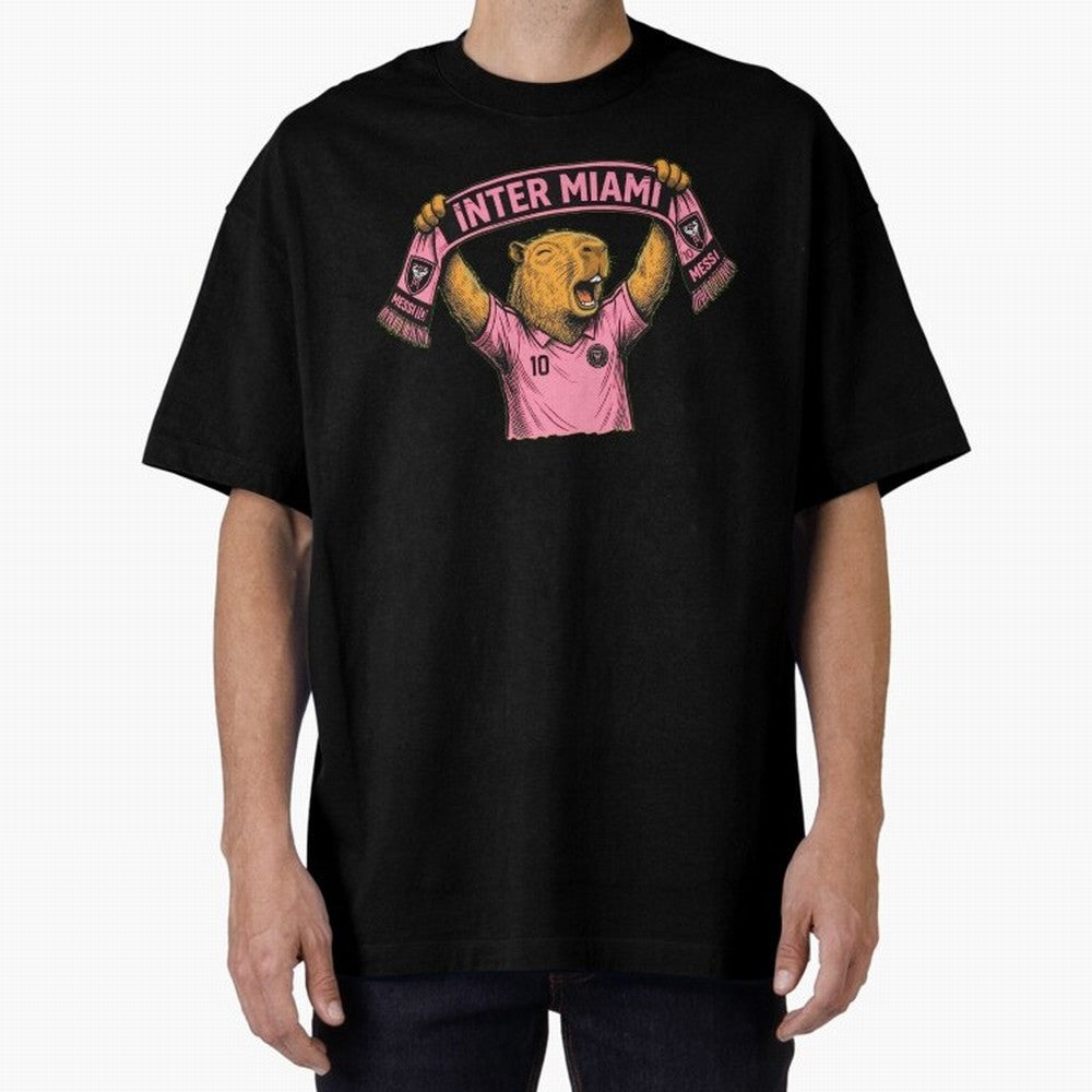 Capybara Inter Miami Fan Celebrating ¨C Funny Soccer Illustration with Scarf Oversized T-Shirt Embrace FIFA World Cup 2026 Group Stage for Fans of Cristiano Ronaldo, Haaland and CR7 and Germany, Bringing Vintage Soccer Flavor, Modern Football