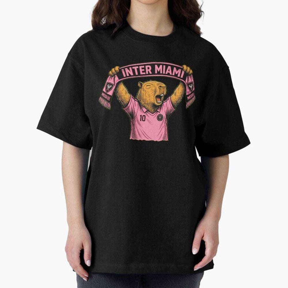 Capybara Inter Miami Fan Celebrating ¨C Funny Soccer Illustration with Scarf Oversized T-Shirt Embrace FIFA World Cup 2026 Group Stage for Fans of Cristiano Ronaldo, Haaland and CR7 and Germany, Bringing Vintage Soccer Flavor, Modern Football