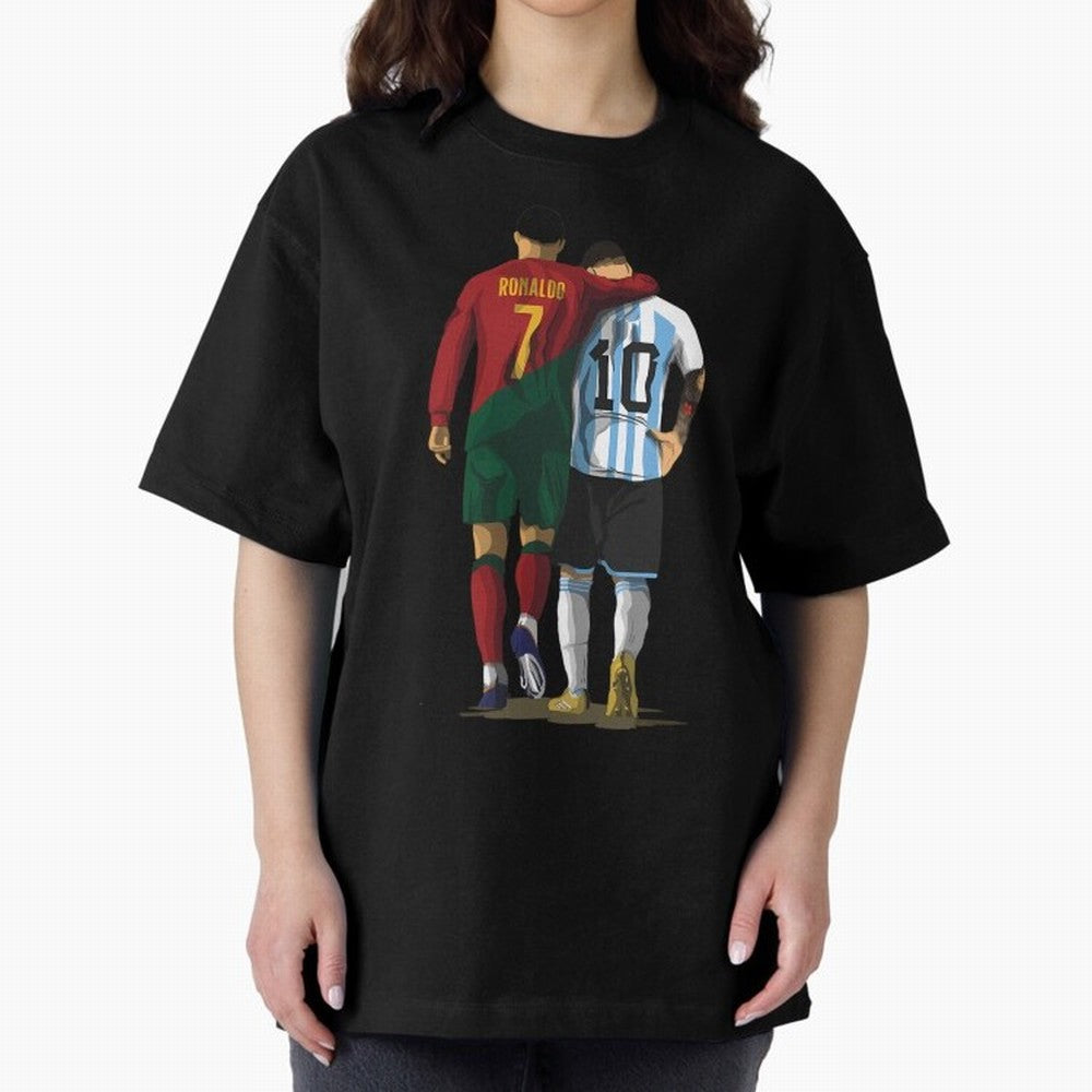 Messi Ronaldo Chit Chat Illustration Oversized T-Shirt Show Support during Match Day Hype around FIFA World Cup 2026 USA Canada Mexico, Cristiano Ronaldo, Haaland and CR7, Brazil, Portugal and Argentina, Championship Spirit, Famous Goals, Roaring