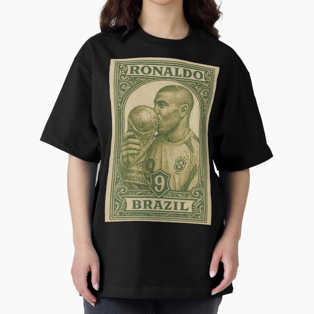 Vintage Brazilian Ronaldo Fenomeno R9 Football Legend Stamp Illustration ¨C Retro Soccer World Cup Art Print Oversized T-Shirt Make the Season About FIFA World Cup 2026 Group Stage Spirit, Inspired by Portugal, Spain and Germany, Neymar, Haaland