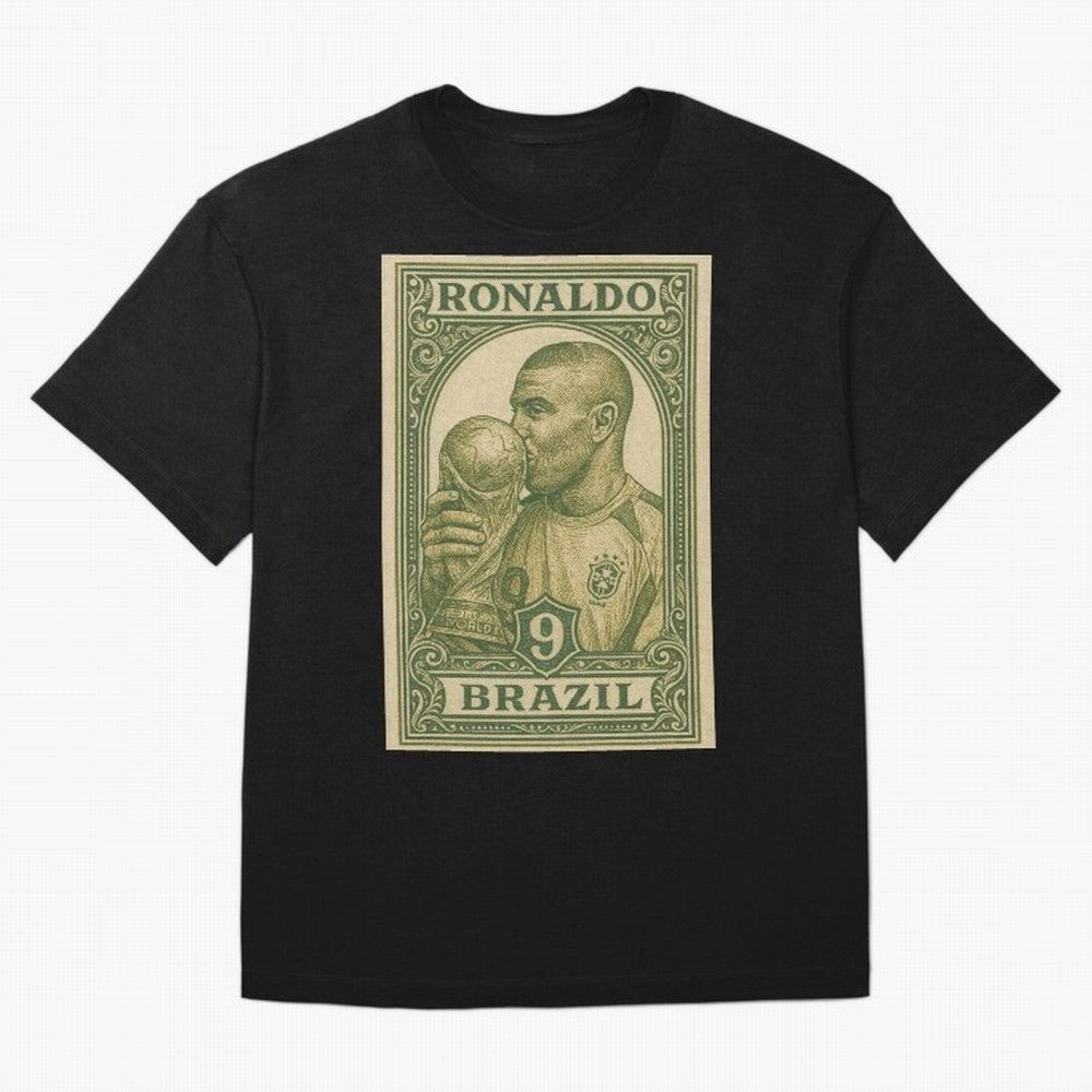Vintage Brazilian Ronaldo Fenomeno R9 Football Legend Stamp Illustration ¨C Retro Soccer World Cup Art Print Oversized T-Shirt Make the Season About FIFA World Cup 2026 Group Stage Spirit, Inspired by Portugal, Spain and Germany, Neymar, Haaland
