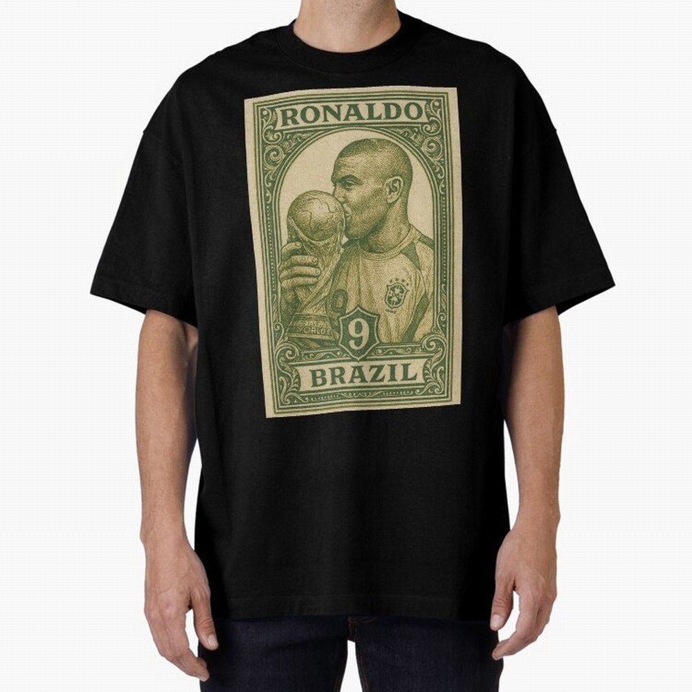 Vintage Brazilian Ronaldo Fenomeno R9 Football Legend Stamp Illustration ¨C Retro Soccer World Cup Art Print Oversized T-Shirt Make the Season About FIFA World Cup 2026 Group Stage Spirit, Inspired by Portugal, Spain and Germany, Neymar, Haaland