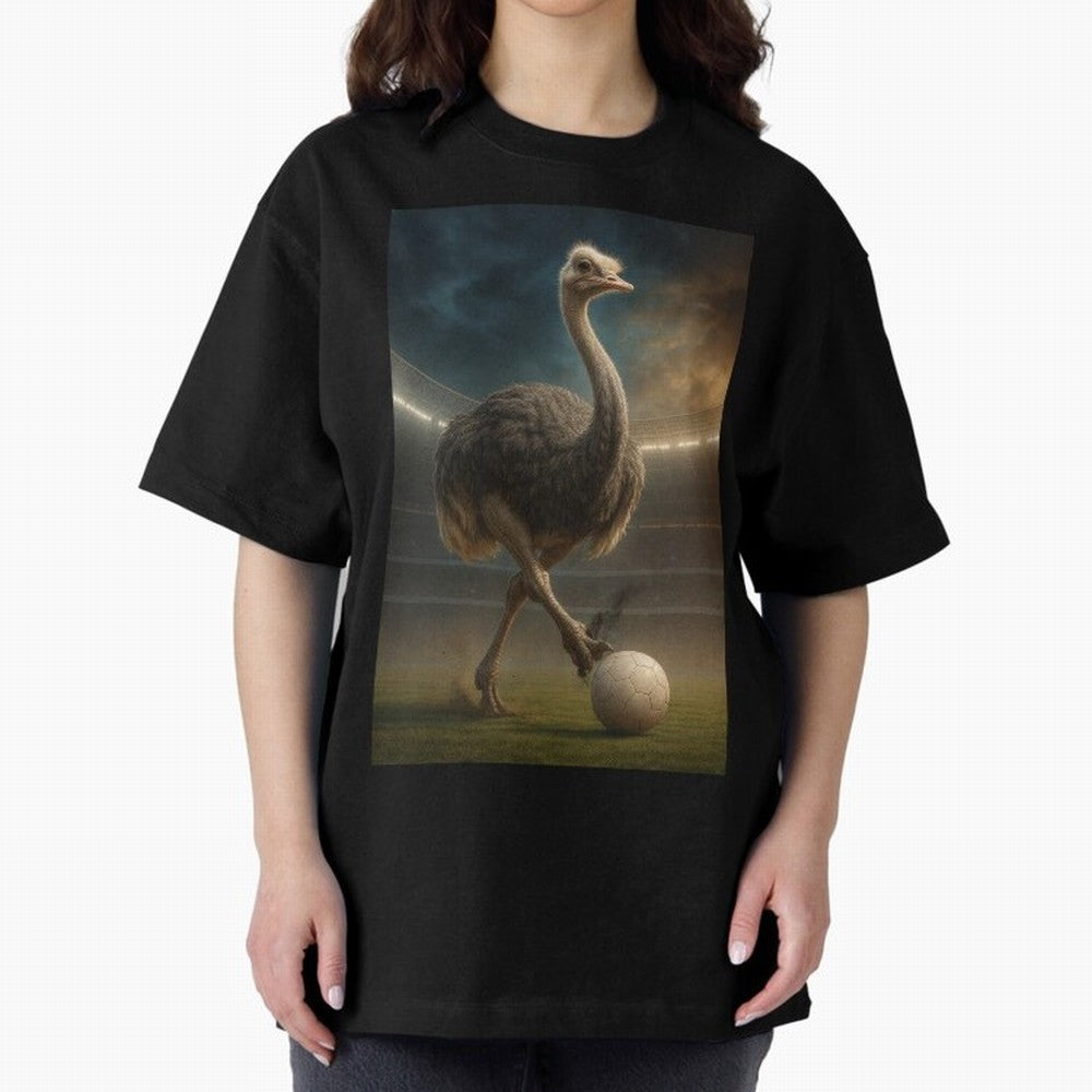 Ostrich Plays Soccer Oversized T-Shirt Honor Football Greatness during Global Football Passion for FIFA World Cup 2026 USA Canada Mexico, Inspired by Cristiano Ronaldo, Haaland and CR7, Portugal, Football Festival Excitement, Trophy Ambitions,