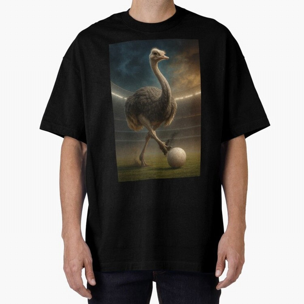 Ostrich Plays Soccer Oversized T-Shirt Honor Football Greatness during Global Football Passion for FIFA World Cup 2026 USA Canada Mexico, Inspired by Cristiano Ronaldo, Haaland and CR7, Portugal, Football Festival Excitement, Trophy Ambitions,