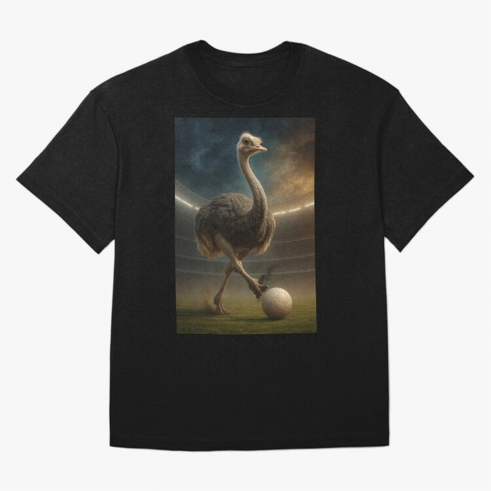Ostrich Plays Soccer Oversized T-Shirt Honor Football Greatness during Global Football Passion for FIFA World Cup 2026 USA Canada Mexico, Inspired by Cristiano Ronaldo, Haaland and CR7, Portugal, Football Festival Excitement, Trophy Ambitions,