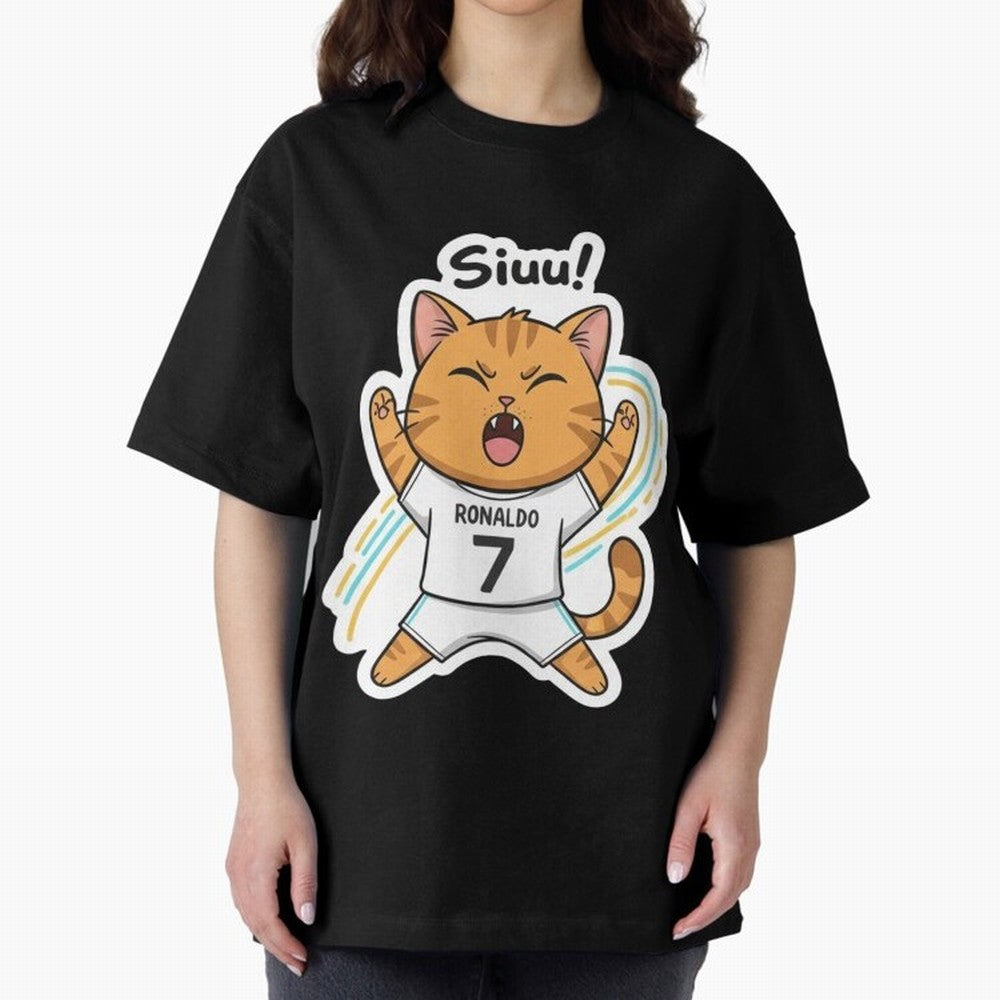 Kitten - Funny Siuuu Celebration Cat Meme | Ronaldo Oversized T-Shirt Embrace FIFA World Cup 2026 Group Stage Spirit, Highlighting France, Cristiano Ronaldo, Worldwide Fan Energy, Dramatic Goals, Stadium Lights and Championship Celebrations;