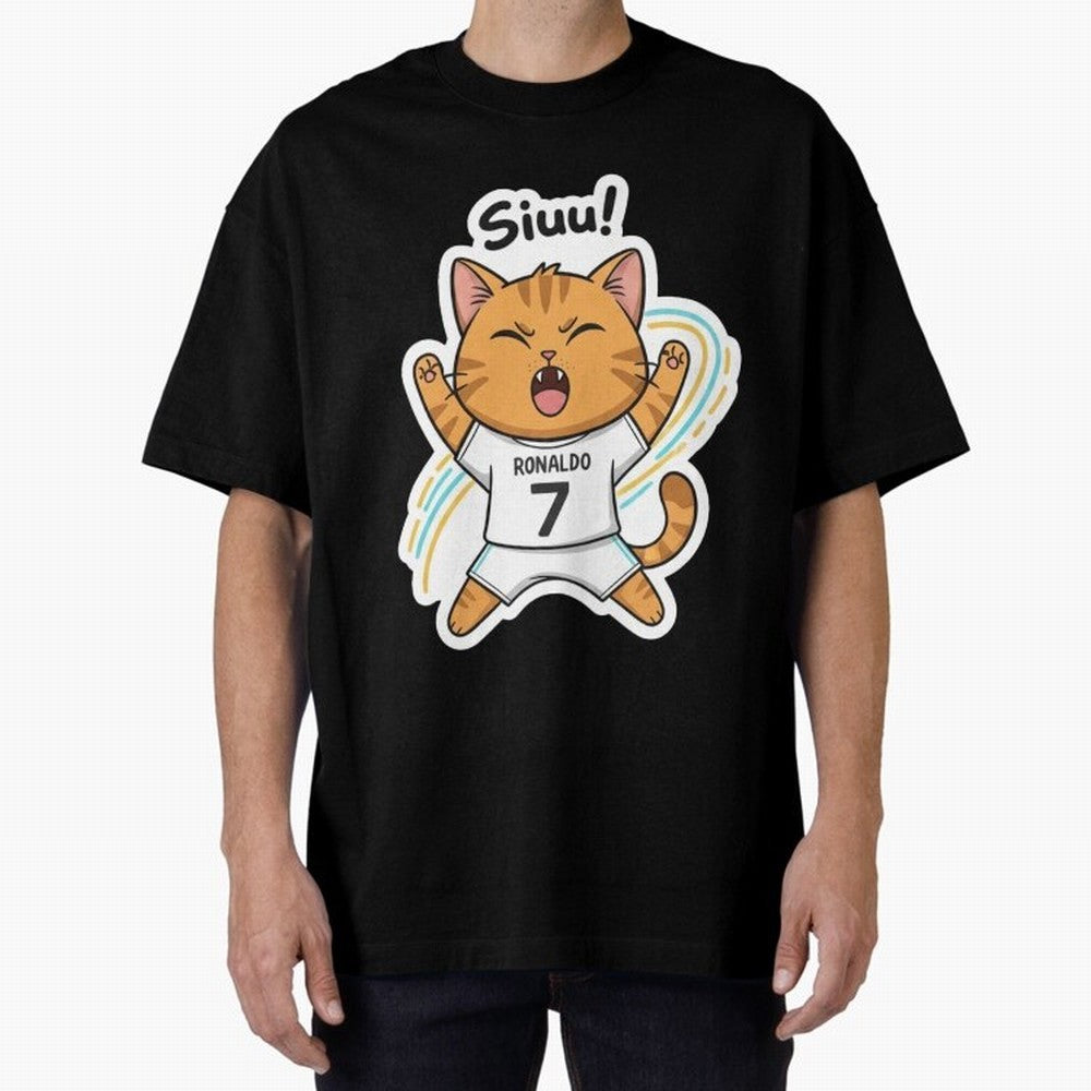 Kitten - Funny Siuuu Celebration Cat Meme | Ronaldo Oversized T-Shirt Embrace FIFA World Cup 2026 Group Stage Spirit, Highlighting France, Cristiano Ronaldo, Worldwide Fan Energy, Dramatic Goals, Stadium Lights and Championship Celebrations;