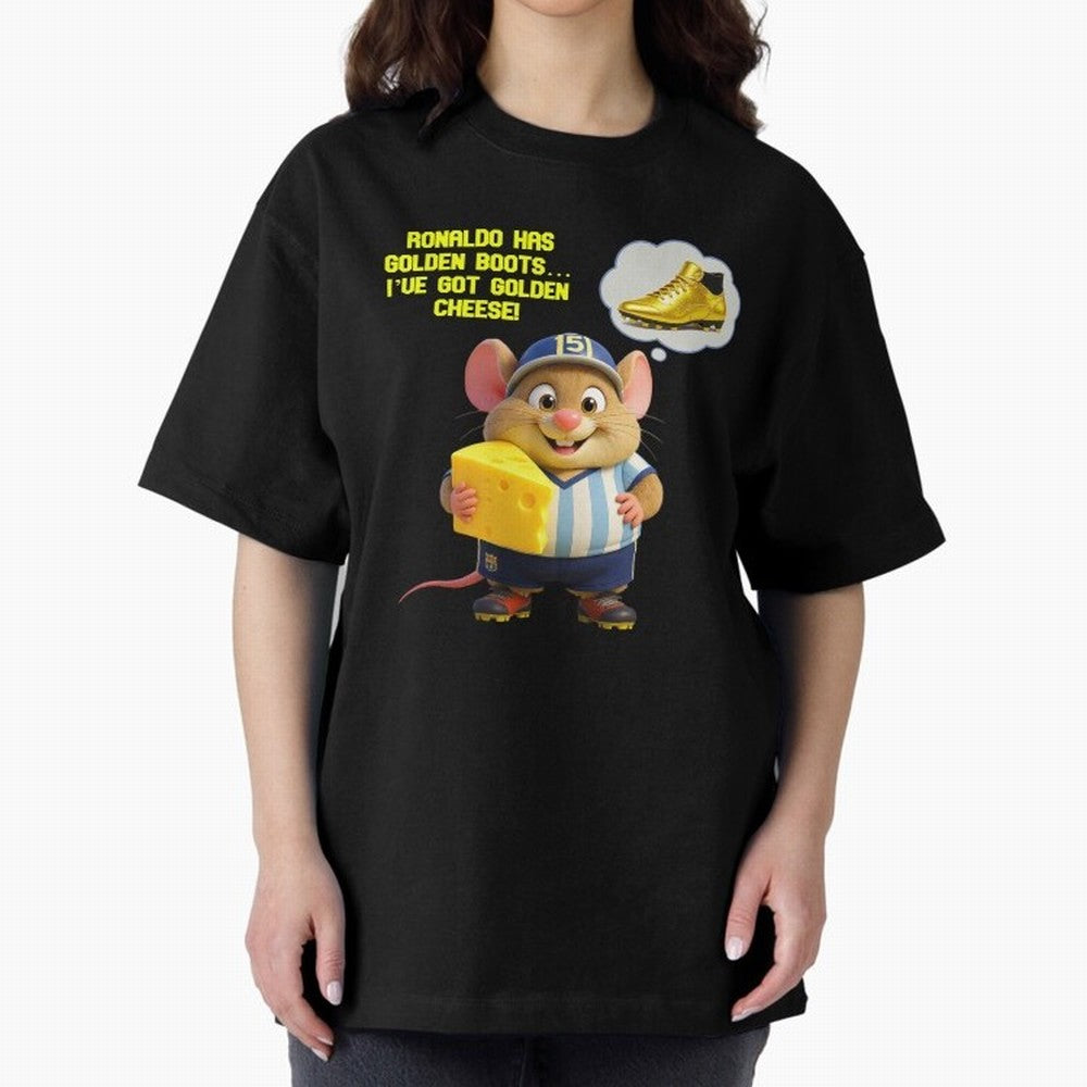 Zippy¡¯s Golden Cheese vs Ronaldo Oversized T-Shirt Capture Global Football Passion for FIFA World Cup 2026 USA Canada Mexico, Built around Messi and Cristiano Ronaldo, Portugal, Stadium Chants, National Pride, Trophy Dreams and Unforgettable