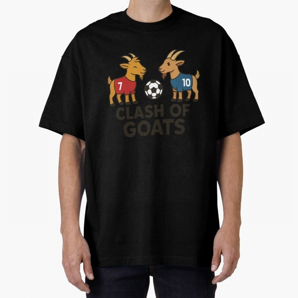 Clash of GOATs ¨C Funny Ronaldo vs Messi Inspired Football T-Shirt Design Oversized T-Shirt Bring Champion Energy into Global Football Passion for FIFA World Cup 2026 Group Stage, Featuring Cristiano Ronaldo, Haaland and CR7, Spain, Champion