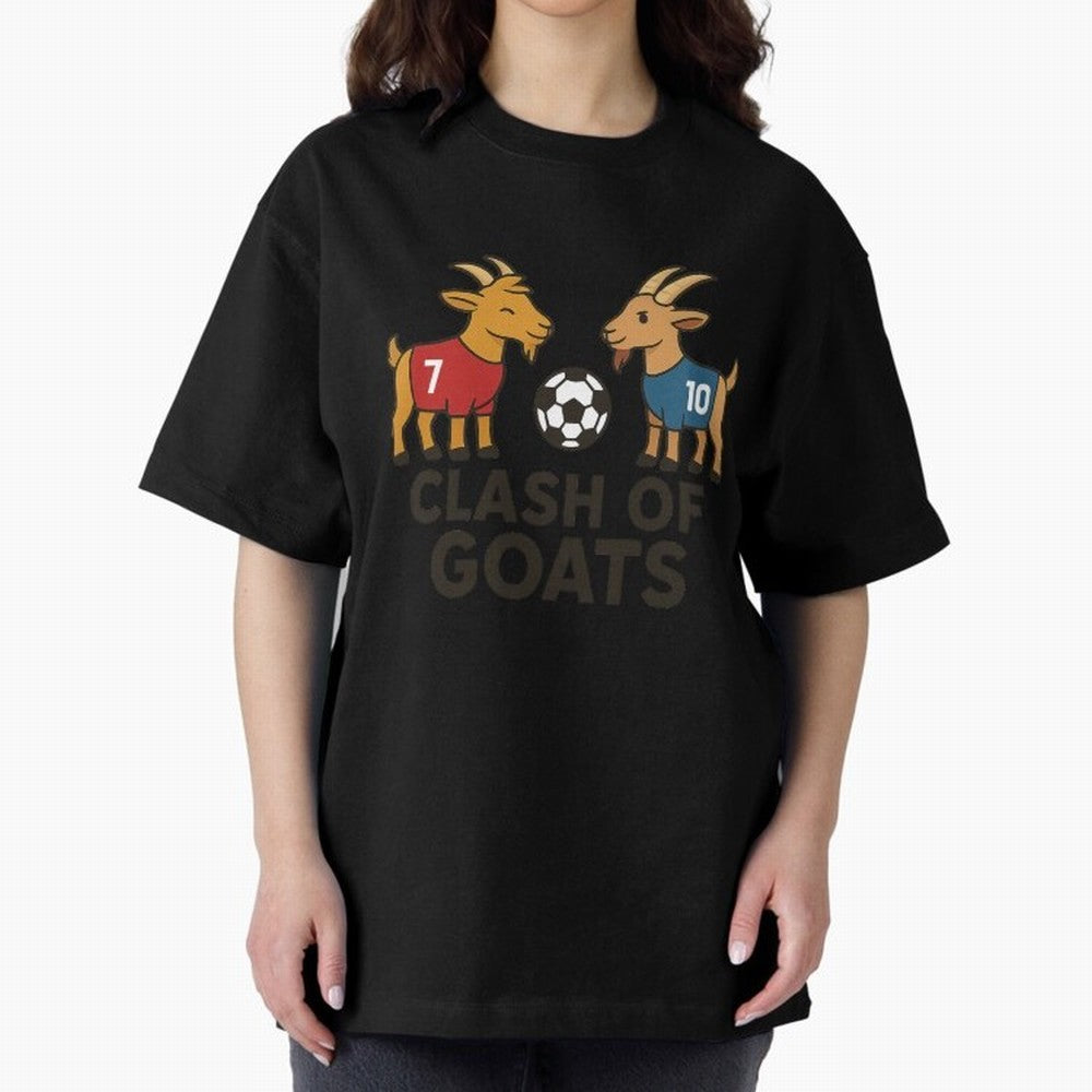 Clash of GOATs ¨C Funny Ronaldo vs Messi Inspired Football T-Shirt Design Oversized T-Shirt Bring Champion Energy into Global Football Passion for FIFA World Cup 2026 Group Stage, Featuring Cristiano Ronaldo, Haaland and CR7, Spain, Champion