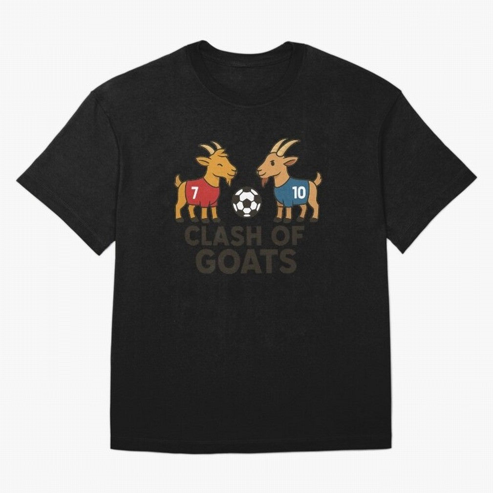 Clash of GOATs ¨C Funny Ronaldo vs Messi Inspired Football T-Shirt Design Oversized T-Shirt Bring Champion Energy into Global Football Passion for FIFA World Cup 2026 Group Stage, Featuring Cristiano Ronaldo, Haaland and CR7, Spain, Champion
