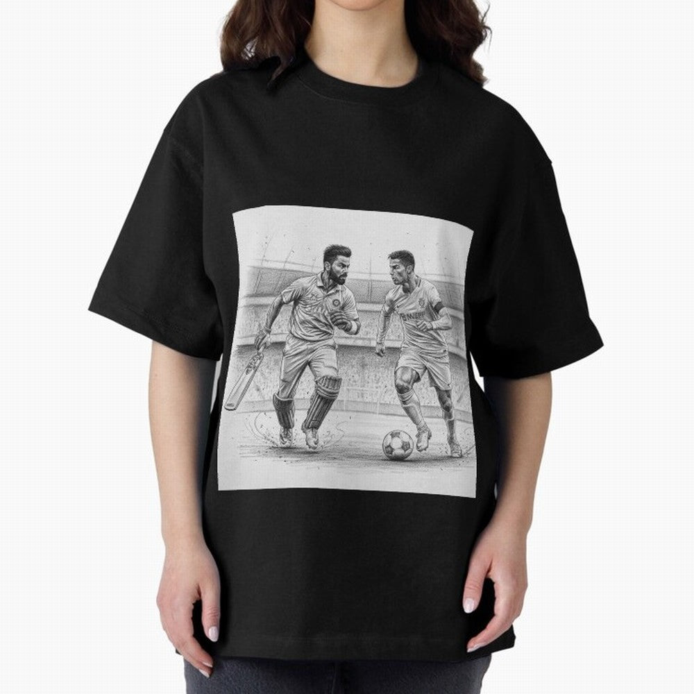 Virat and Ronaldo Oversized T-Shirt Feel the Trophy Chase of the FIFA World Cup 2026 Journey through Messi Highlights, Brazil Pride, Football Festival Excitement, Trophy Ambitions, Country Rivalries and Star Player Buzz; Ideal for Passionate Fans