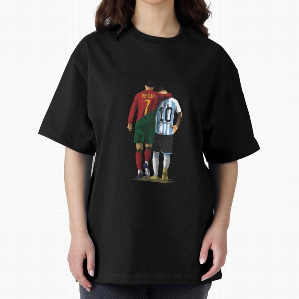 Messi Ronaldo Chit Chat Illustration Classic Oversized T-Shirt Show Up for the Glory of Global Football Passion for FIFA World Cup 2026 Group Stage, Built around CR7, Portugal, Retro Football Energy, Iconic Rivalries, Trophy Chase Drama and Stadium