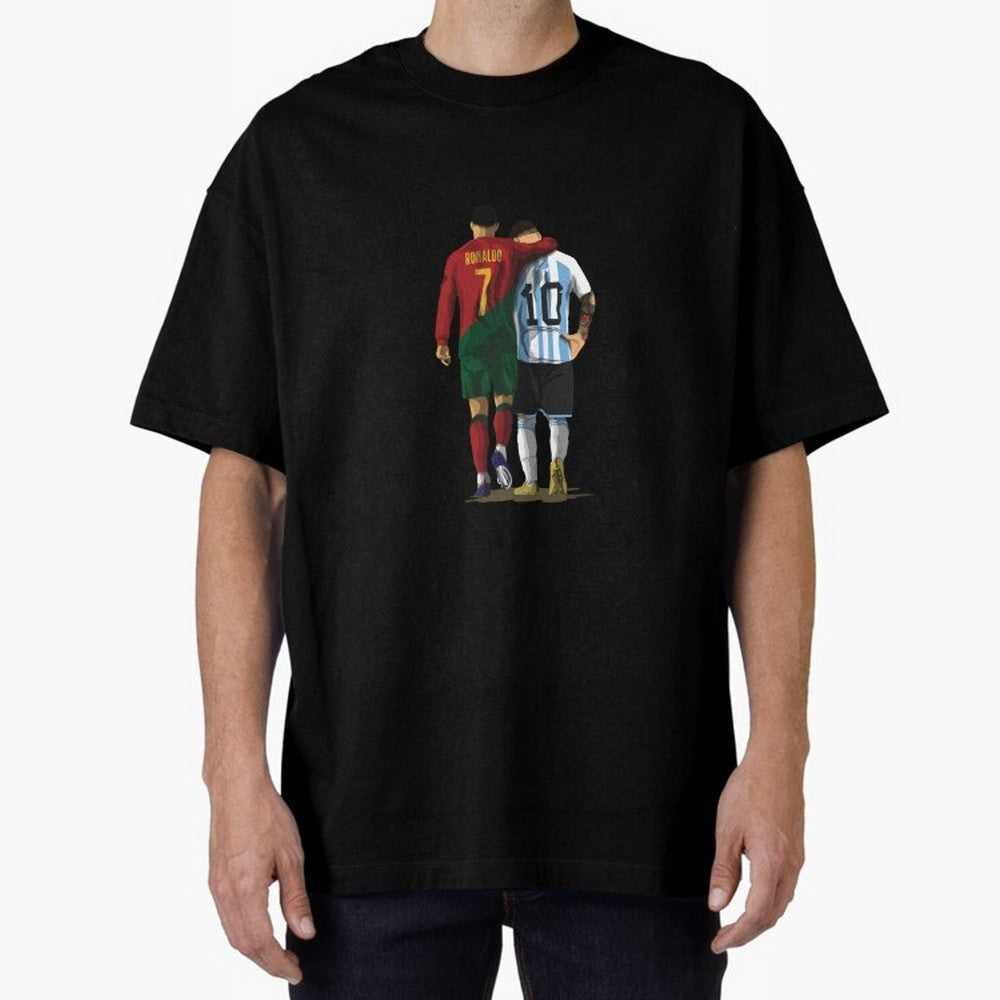 Messi Ronaldo Chit Chat Illustration Classic Oversized T-Shirt Show Up for the Glory of Global Football Passion for FIFA World Cup 2026 Group Stage, Built around CR7, Portugal, Retro Football Energy, Iconic Rivalries, Trophy Chase Drama and Stadium