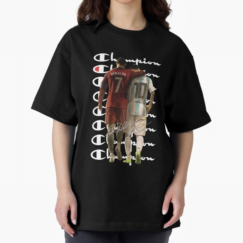 Ronaldos And Messis C-C-H-A-M-P-I-O-N-N Oversized T-Shirt Remember Global Football Passion for FIFA World Cup 2026 USA Canada Mexico, with Cristiano Ronaldo, Spain and Netherlands, Football Passion, Legendary Performances, Festival Vibes and