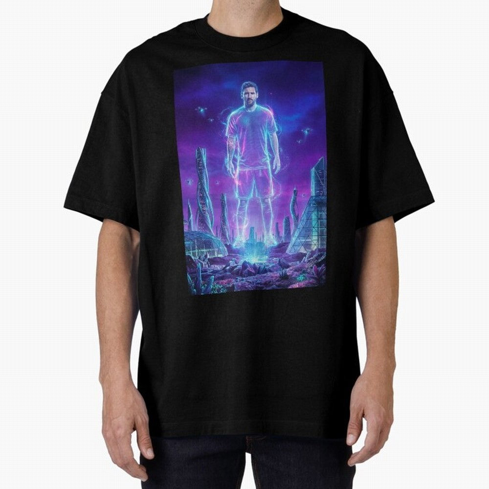 Lionel Messi (GOAT) Hologram in Futuristic Cyberpunk City (Version 5) Classic T-Shirt Honor the Beautiful Game during FIFA World Cup 2026 USA Canada Mexico Spirit, Filled with Brazil, Portugal and Argentina, Haaland, Retro Football Energy, Iconic