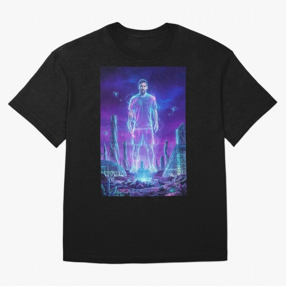 Lionel Messi (GOAT) Hologram in Futuristic Cyberpunk City (Version 5) Classic T-Shirt Honor the Beautiful Game during FIFA World Cup 2026 USA Canada Mexico Spirit, Filled with Brazil, Portugal and Argentina, Haaland, Retro Football Energy, Iconic