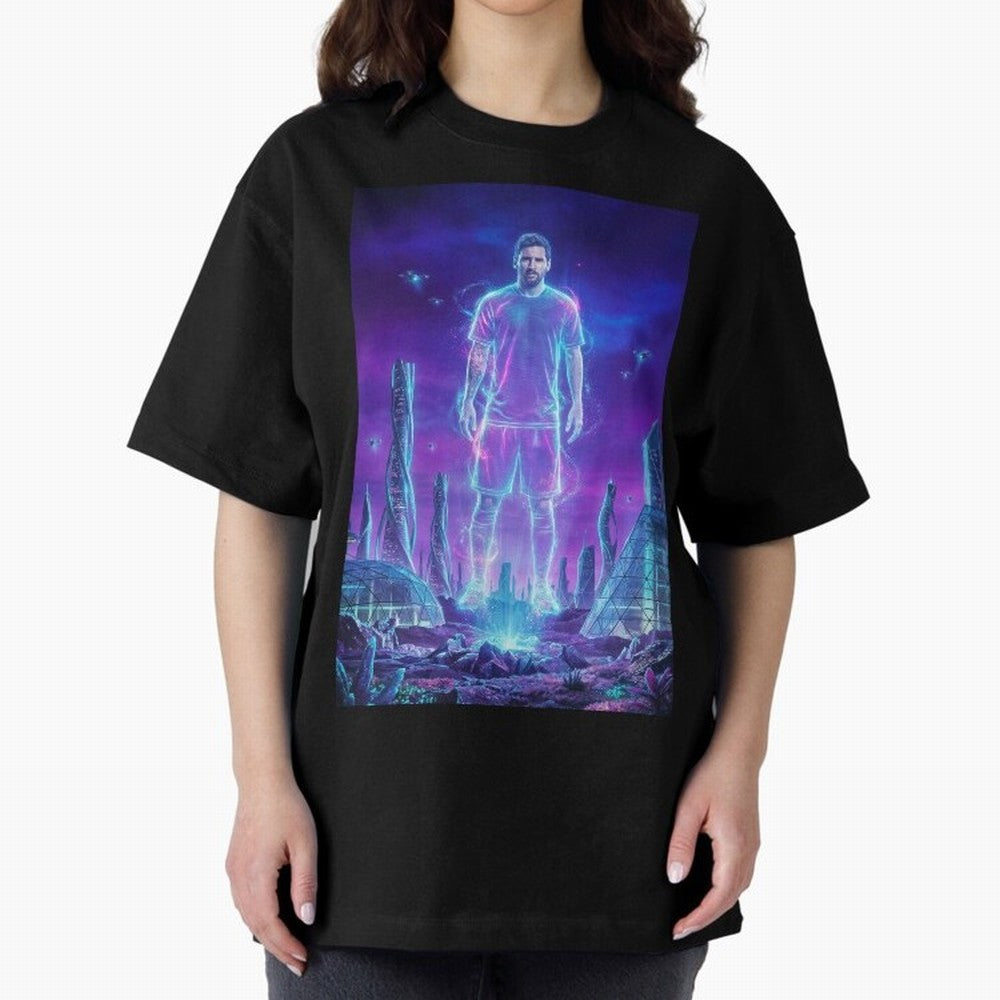 Lionel Messi (GOAT) Hologram in Futuristic Cyberpunk City (Version 5) Classic T-Shirt Honor the Beautiful Game during FIFA World Cup 2026 USA Canada Mexico Spirit, Filled with Brazil, Portugal and Argentina, Haaland, Retro Football Energy, Iconic