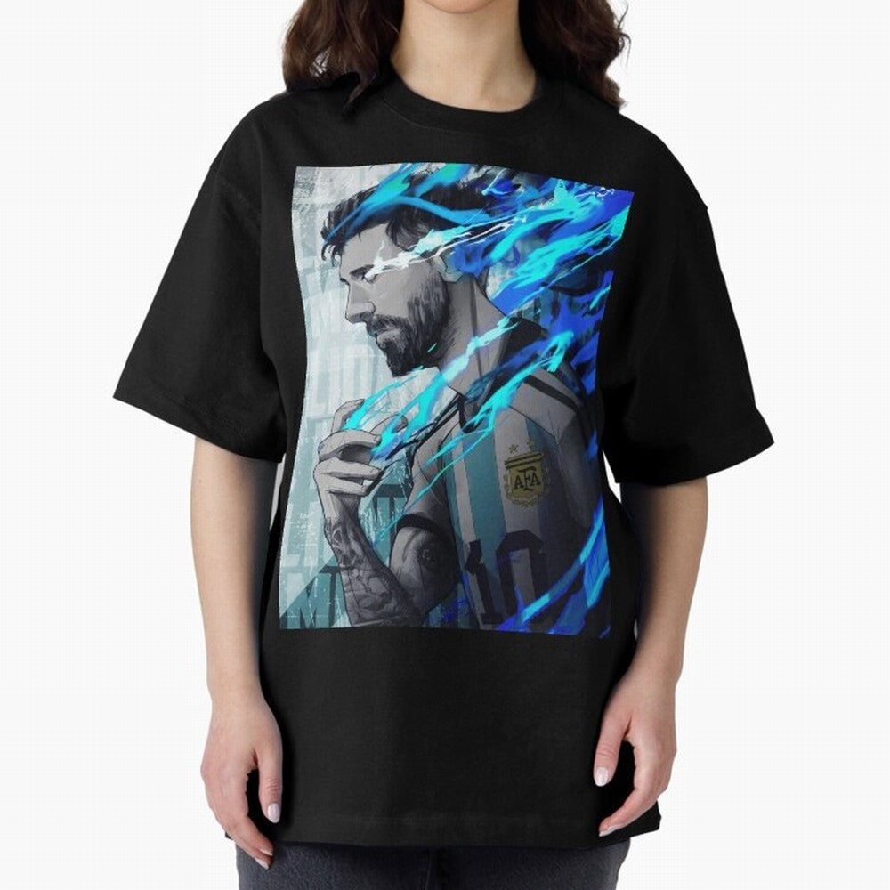 LIONEL MESSI NEW GOAL CELEBRATION ILLUSTRATION 2023 2024 Oversized T-Shirt Spotlight FIFA World Cup 2026 USA Canada Mexico for Fans of Messi, Neymar and Mbappe and France, Bringing Retro Football Energy, Iconic Rivalries, Trophy Chase Drama and