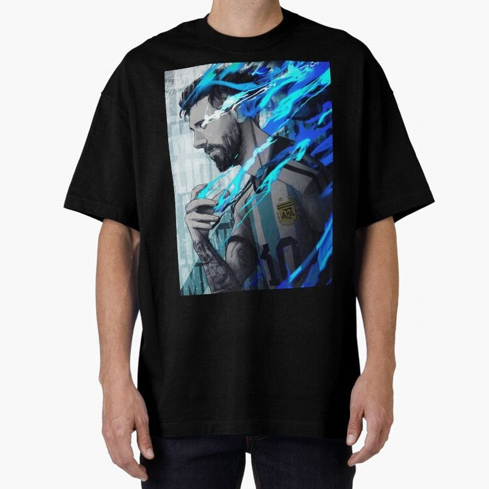 LIONEL MESSI NEW GOAL CELEBRATION ILLUSTRATION 2023 2024 Oversized T-Shirt Spotlight FIFA World Cup 2026 USA Canada Mexico for Fans of Messi, Neymar and Mbappe and France, Bringing Retro Football Energy, Iconic Rivalries, Trophy Chase Drama and
