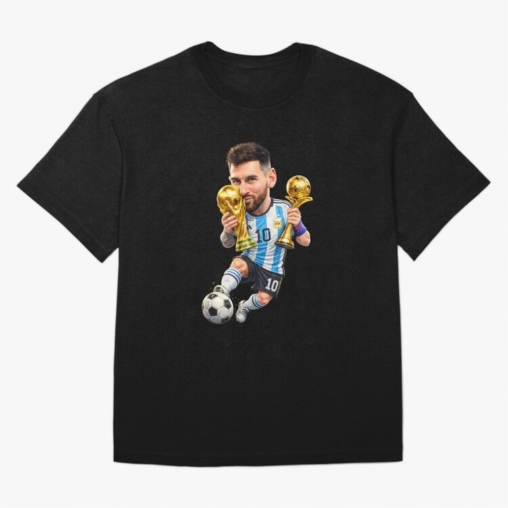 Lionel Messi ¨C Trophy King Caricature Oversized T-Shirt Celebrate Unforgettable Nights in Match Day Hype around FIFA World Cup 2026 Group Stage, Haaland, Brazil, Portugal and Argentina, Supporter Pride, Iconic Celebrations, Legendary Names and