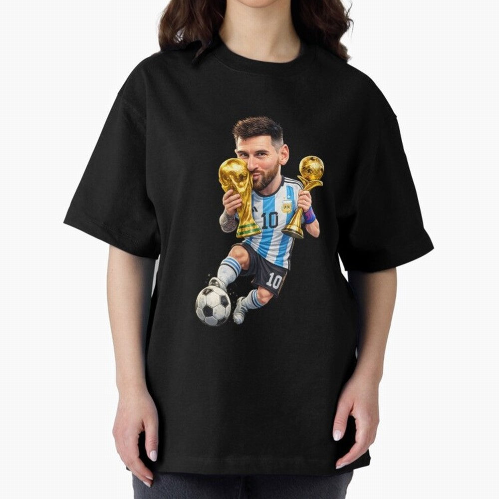 Lionel Messi ¨C Trophy King Caricature Oversized T-Shirt Celebrate Unforgettable Nights in Match Day Hype around FIFA World Cup 2026 Group Stage, Haaland, Brazil, Portugal and Argentina, Supporter Pride, Iconic Celebrations, Legendary Names and