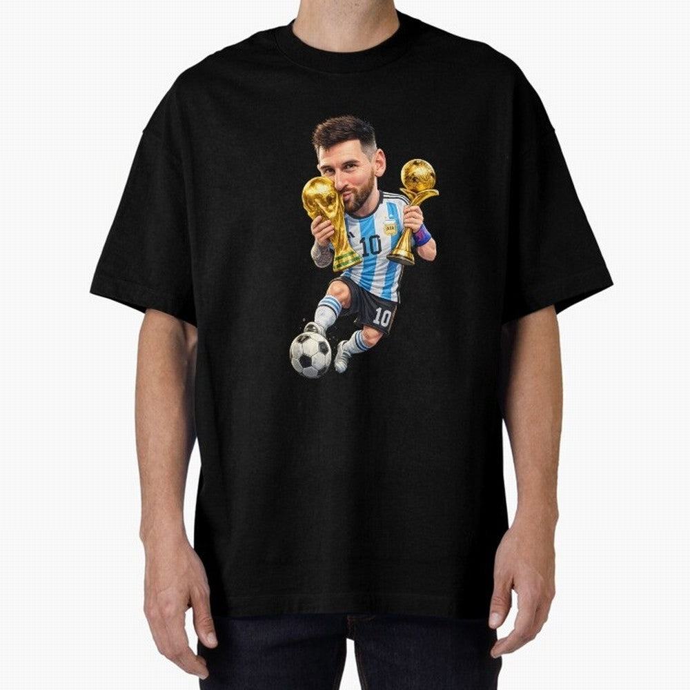 Lionel Messi ¨C Trophy King Caricature Oversized T-Shirt Celebrate Unforgettable Nights in Match Day Hype around FIFA World Cup 2026 Group Stage, Haaland, Brazil, Portugal and Argentina, Supporter Pride, Iconic Celebrations, Legendary Names and
