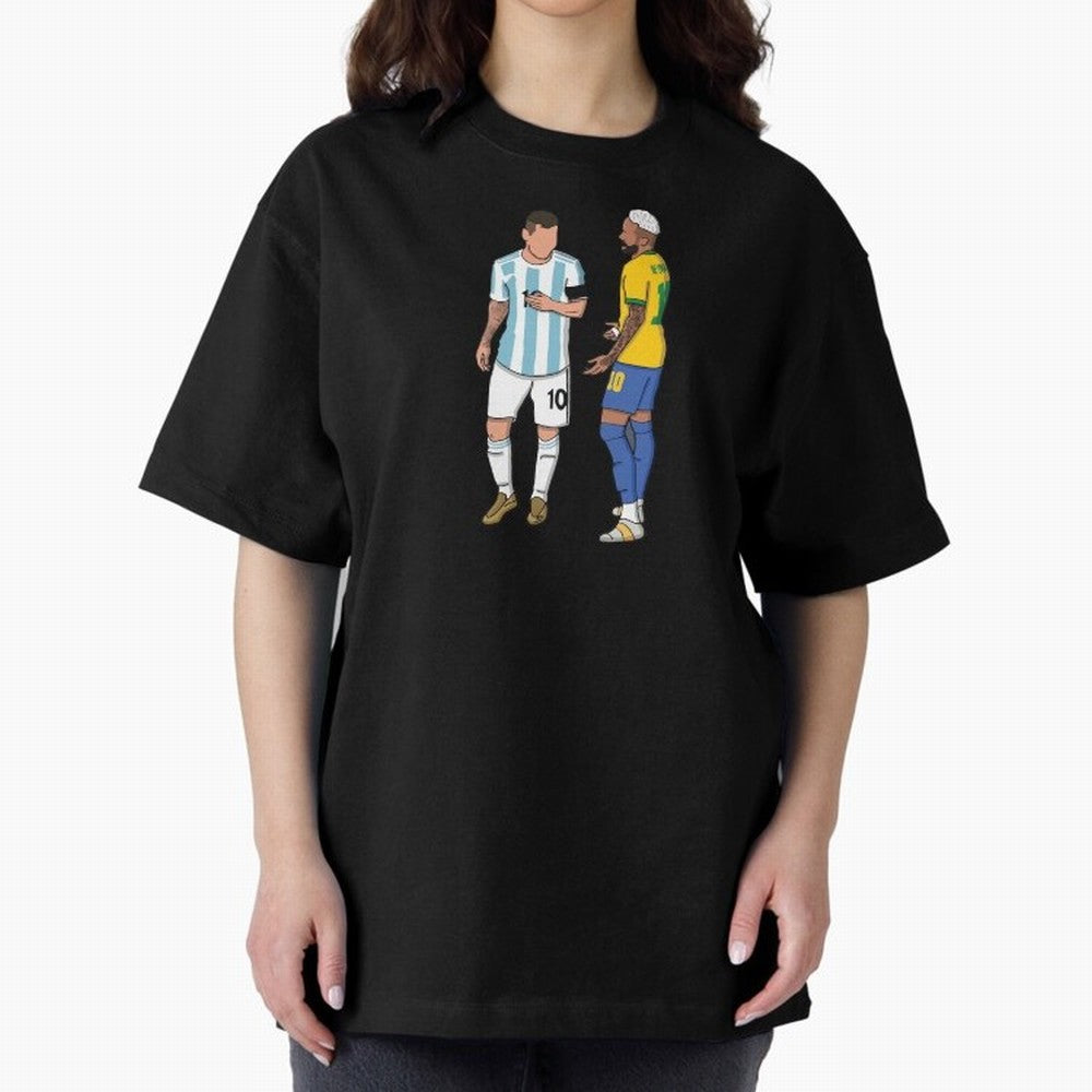 Messi and Neymar Chit Chat Illustration Oversized T-Shirt Turn Football Passion into Global Football Passion for FIFA World Cup 2026, Capturing Messi, CR7 and Mbappe, France and Portugal, Retro Football Energy, Iconic Rivalries, Trophy Chase Drama