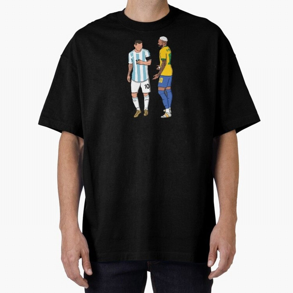 Messi and Neymar Chit Chat Illustration Oversized T-Shirt Turn Football Passion into Global Football Passion for FIFA World Cup 2026, Capturing Messi, CR7 and Mbappe, France and Portugal, Retro Football Energy, Iconic Rivalries, Trophy Chase Drama