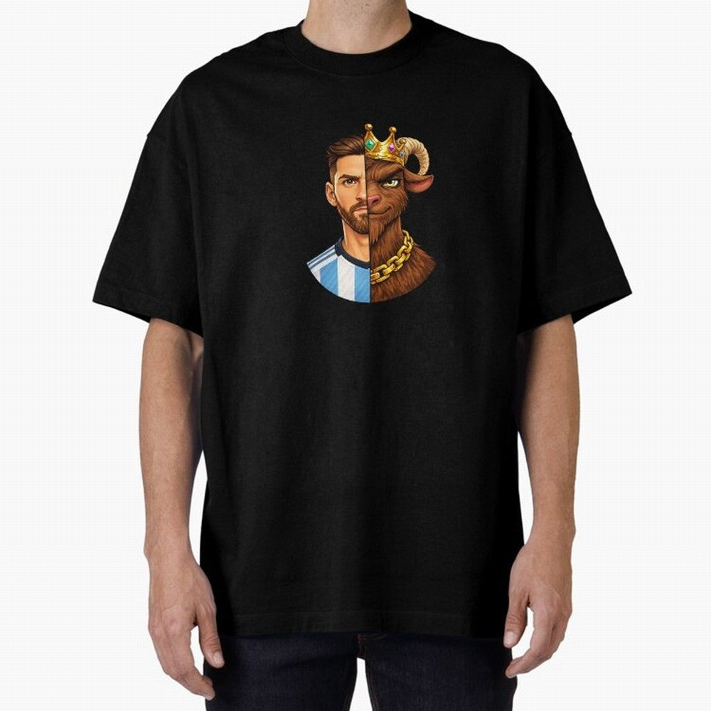 Half Man Half GOAT - Lionel Messi Oversized T-Shirt Show Up for the Glory of FIFA World Cup 2026 USA Canada Mexico Spirit, with Brazil, Portugal and Argentina, Haaland and Mbappe, Vintage Soccer Flavor, Modern Football Stars, National Flags and