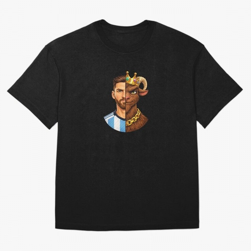 Half Man Half GOAT - Lionel Messi Oversized T-Shirt Show Up for the Glory of FIFA World Cup 2026 USA Canada Mexico Spirit, with Brazil, Portugal and Argentina, Haaland and Mbappe, Vintage Soccer Flavor, Modern Football Stars, National Flags and