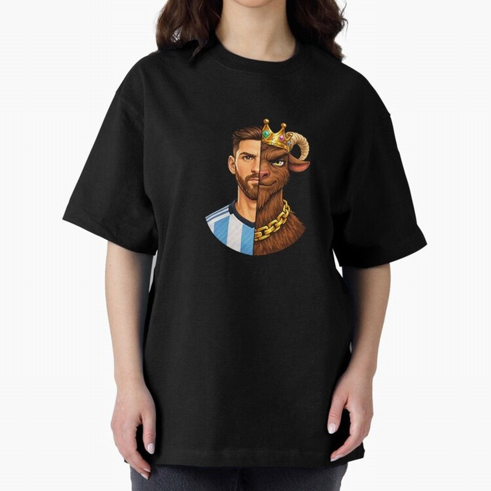 Half Man Half GOAT - Lionel Messi Oversized T-Shirt Show Up for the Glory of FIFA World Cup 2026 USA Canada Mexico Spirit, with Brazil, Portugal and Argentina, Haaland and Mbappe, Vintage Soccer Flavor, Modern Football Stars, National Flags and