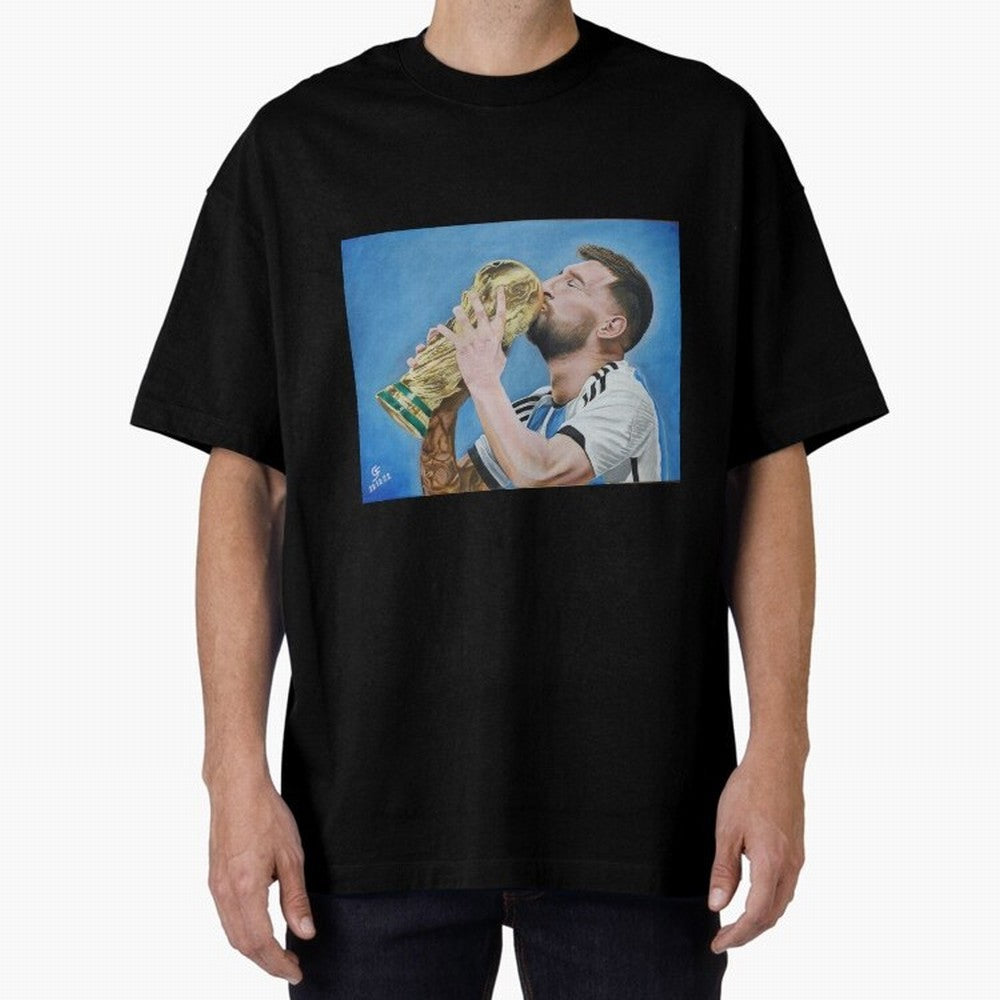 Lionel Messi Oversized T-Shirt Stand with Match Day Hype around FIFA World Cup 2026 Group Stage, Neymar, Haaland and Cristiano Ronaldo, France and Portugal, Match Day Excitement, Supporter Culture, Golden Goals and Global Football Passion; Built
