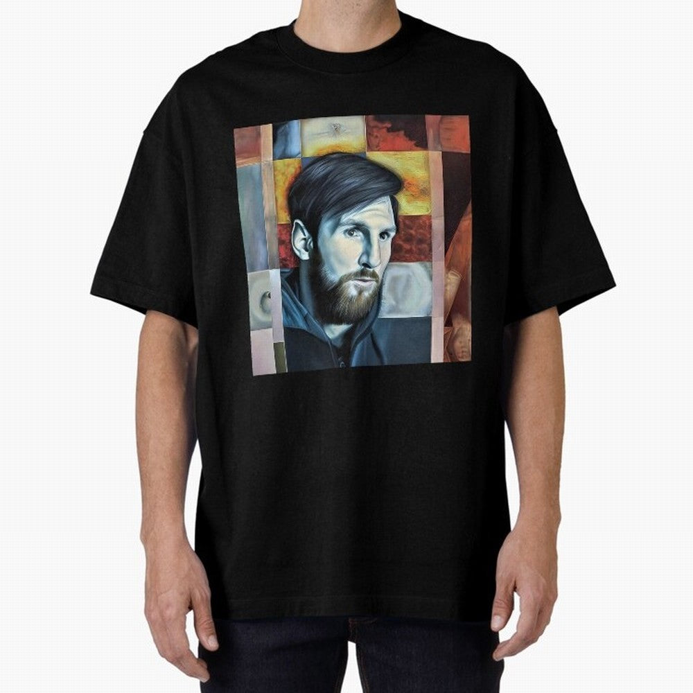 Messi on digital board Oversized T-Shirt Represent Football Lovers during Global Football Passion for FIFA World Cup 2026 Group Stage, Centered on Haaland and Mbappe, Argentina and Brazil, Classic Soccer Heritage, Championship Pressure, Fan Loyalty