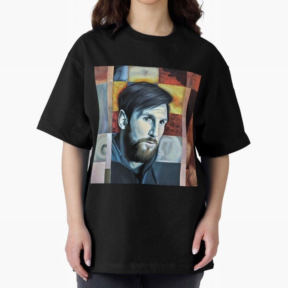 Messi on digital board Oversized T-Shirt Represent Football Lovers during Global Football Passion for FIFA World Cup 2026 Group Stage, Centered on Haaland and Mbappe, Argentina and Brazil, Classic Soccer Heritage, Championship Pressure, Fan Loyalty